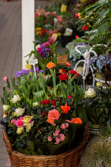 A wicker basket filled with a vibrant assortment of fresh flowers, including pink, red, and orange roses, white and purple tulips, and small pink and purple blossoms, all wrapped in dark green foliage