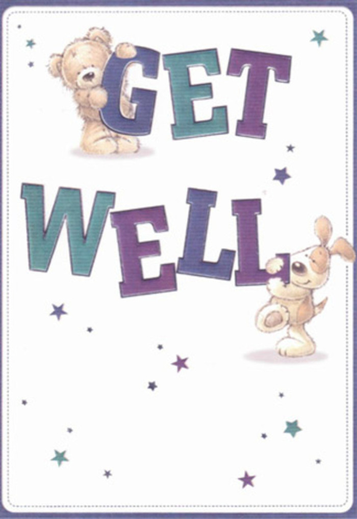The artwork of this get well card radiates warmth and playful optimism, capturing the gentle spirit of Longford's neighbourly care. At its heart, a kind-hearted bear and a spirited puppy, rendered in soft pastels and rich teals, delight in balancing and embracing the brightly coloured words 'Get Well'. Their delight is contagious; from the card, they extend an invitation to healing companionship. Around the joyful pair twinkle tiny stars-miniature bursts of blue, purple, and aqua-scattering good wishes throughout the composition, reminiscent of how spring wildflowers brighten Longford's village corners. The bear's fluffy texture and the puppy's velvety ears are painted with such tactile vibrancy, you almost sense the comfort of their gentle hug. The robust, hand-lettered typeface grounds the lively mood in reassurance, just as a sturdy vase anchors a fresh bouquet. This card, as thoughtfully crafted as any arrangement at the Flowers Longford shop, is perfect for sending a wave of cheer and encouragement to someone on the mend in our community. Its touch of childhood innocence and sincere warmth promise to brighten even the greyest recovery day.
