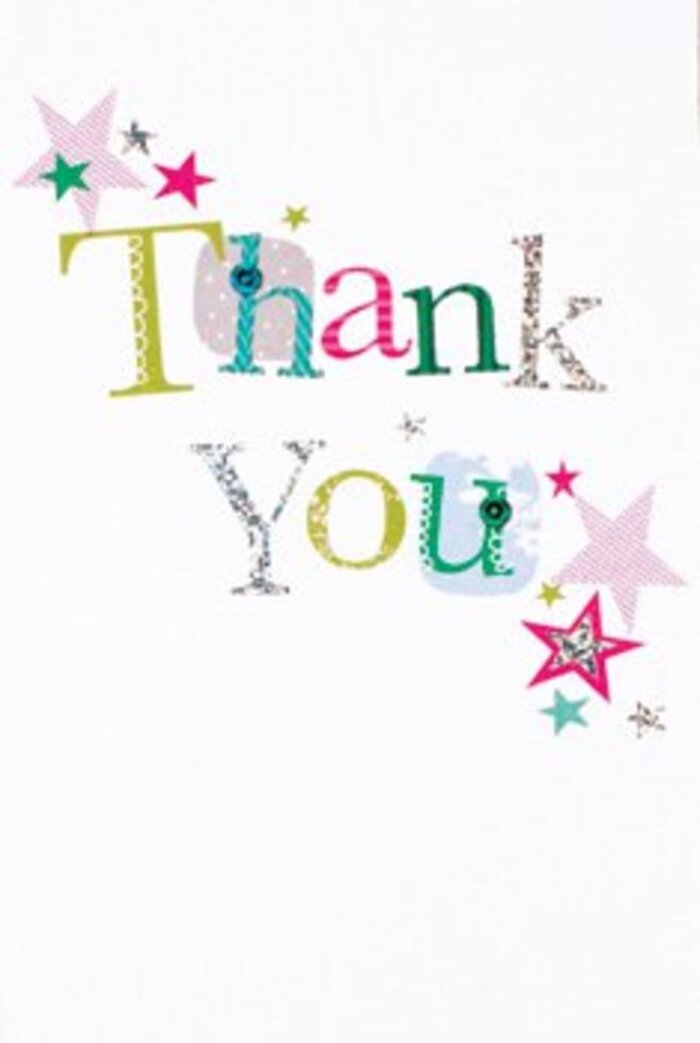 The arrangement of lettering on this thank you card is both artful and exuberant, each character radiating its own personality. Some letters sway with whimsical spots or lively curves, while others appear elegant and refined-echoes of a lively market day on Longford's bustling High Street. Vibrant stars, intermixed with silver glints, magenta strips, and deep turquoise swaths, gather in cheerful halos around the message, as if showering it in the affectionate spirit that defines the local community. The composition has an airy, luminous quality-the striking hues and playful motifs standing crisp against the faultless white background. This balance of joy and sophistication feels perfectly pitched-not too formal for Longford's close-knit gatherings, yet imbued with universal warmth. I see this card as the perfect accompaniment to a bouquet crafted in the Flowers Longford studio, its joyful colour and texture echoing the feeling of fresh petals and leaves. Whether tucked next to a thank you arrangement heading to a home along Church Road or included in a gift for a friendly neighbour, the card's essence is uplifting and memorable. It transforms gratitude into something tangible, its tactile design as inviting as the warmth of a friendly smile exchanged in Longford's daily life-making each gesture of thanks feel as special as a fresh bouquet on the doorstep.
