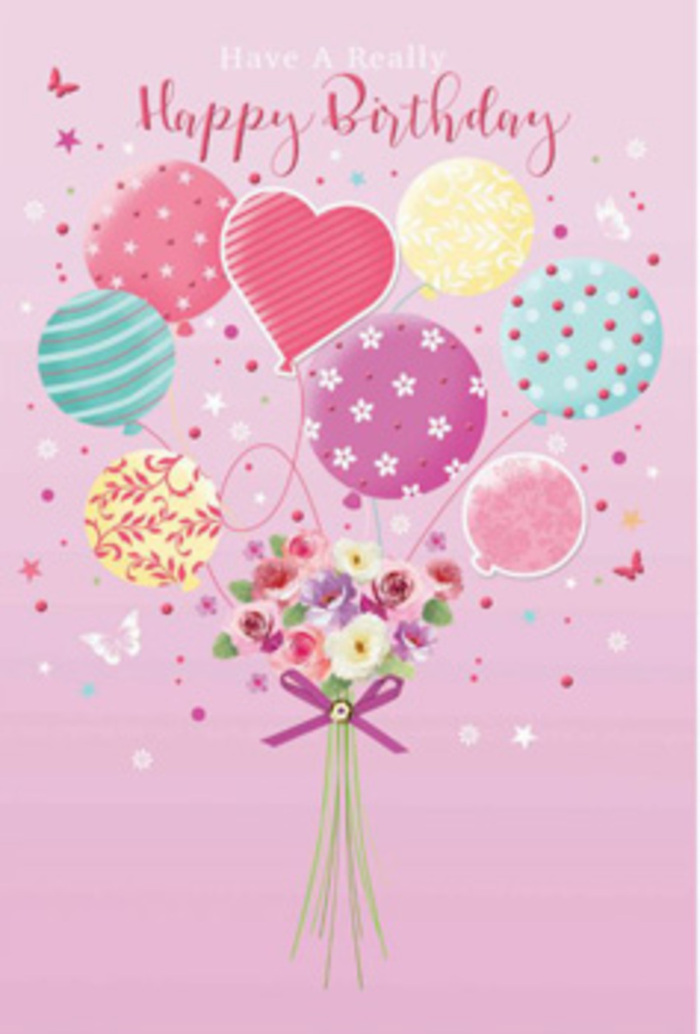 The illustration captures a tender birthday moment, as if a bouquet and balloons had been paused mid-float above a celebration in Longford. A cluster of pastel balloons rises from the centre, painted in a soothing blend of rosy pink, sea-glass green, lavender, and soft sunshine yellow. Each balloon has its own character: some wear candy-like stripes that curl around their rounded forms, others sparkle with tiny polka dots, and a few bear floral and swirl patterns that suggest a careful designer's touch. Below this airy display, a compact bouquet anchors the composition. Petite roses and delicate daisy-like blossoms in warm cream, blush pink, and dusky mauve are drawn to appear full and plush, their petals gently layered, like the kind of stems a Longford florist might choose at first light from a local flower market. The bouquet is gathered with a shimmering purple ribbon, tied into a neat bow whose satin texture is visible in the way the light glides across its folds. Around the flowers, light greenery and tiny decorative stars create depth and movement, hinting at a soft breeze, perhaps along a path by Longford's green spaces. A heart-shaped balloon sits near the centre of the cluster, radiating affection and making the design feel especially suited to a loved one's birthday. Gentle illumination bathes the entire scene, enhancing the pastel tones and giving both balloons and blossoms a soft-glow finish. The overall effect is whimsical yet refined, like a hand-crafted birthday card chosen with care in Longford to make someone feel sincerely celebrated and deeply appreciated.