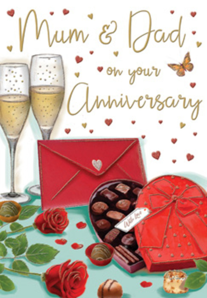 Luxurious anniversary card illustration capturing a romantic celebration scene that could easily be pictured in a Longford living room on a special evening. The focus is on two graceful champagne glasses, tall and slender, filled with a soft golden champagne that glitters with tiny bubbles, as if just poured for a heartfelt toast. Resting nearby are two intensely red roses, their petals lush, layered, and almost touchably soft, with fresh green leaves fanned around them, recalling the kind of quality blooms a local Longford florist would select for devoted parents. To the side sits a classic heart-shaped box of chocolates in deep red tones, its lid tipped open to reveal an assortment of glossy truffles and pralines tucked into dark paper cups; a wide red bow arcs across the box, its loops and tails dramatic and festive. A few chocolates are scattered in front, inviting thoughts of leisurely, shared indulgence. In the foreground, a rich scarlet envelope lies slightly angled, its flap neatly closed as though guarding a handwritten anniversary note filled with gratitude and affection. All around, the soft background is animated with tiny crimson and gold hearts and flourishes of script, subtly referencing Mum & Dad and imbuing the card with warmth and playfulness. Gentle, diffused light bathes the whole composition, catching on the glass, the ribbon, and the smooth chocolate surfaces, creating a dreamy, intimate atmosphere that evokes the comfort of long-term love, family gatherings, and celebrations made complete with flowers, treats, and thoughtful gestures in the heart of Longford.