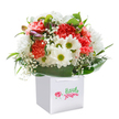 A bright and uplifting bouquet, arranged with true Longford flair, brims with joyful colour and texture inside a neat white square gift bag. Each coral and red carnation-filled with soft, abundant ruffles-seems to bloom with warmth and genuine care, contrasting beautifully with the surrounding daisies whose clean white petals and zesty yellow-green centers evoke the cheerful spirit of Staines Road on a sunny afternoon. Ethereal baby's breath floats delicately throughout, lending a gentle innocence, while subtle hints of unopened purple-tinted buds entice the eye, adding interest and depth to the gathering. The entire arrangement is circled by lush, deep green leaves, shining with vitality and arranged to cradle the flowers harmoniously, like nature's own embrace. Every stem has been expertly placed, creating a rounded, abundant shape that radiates freshness and positivity. The sturdy white gift bag, complete with robust ribbon handles, promises easy gifting or hand delivery, ideal for bringing spontaneous joy whether for a birthday or simply brightening someone's week in Longford. Presented against a crisp white background, the bouquet's colours glow, highlighting the thoughtful artistry and attention that local florists bring to every creation. This arrangement is an invitation to celebrate, to share happiness, and to appreciate the beauty that blossoms both in nature and in the heart of the Longford community.