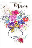 This Mother's Day card design presents a joyful, painterly bouquet that seems to blossom right off the page, evoking the feeling of stepping into a Longford flower shop just as the day begins. At its heart, vivid cerise and hot pink flowers are shaped with broad, lively strokes, their edges defined by deep indigo lines that curve and loop with a calligrapher's grace. These bold blooms are softened by surrounding layers of lilac, apricot, and muted blue, the colours bleeding gently into one another in true watercolour fashion, as though the pigments have been allowed to flow freely and find their own harmony. Fine golden accents trace along selected petals and leaves, lending a subtle shimmer that suggests early sunlight skimming across fresh arrangements on a windowsill. The white background remains largely open, acting like a breath of cool air around the central bouquet and giving space for each hue to shine. Around the flowers, scattered dots, delicate splashes of colour, and small heart shapes dance outward, echoing the excitement of children walking through Longford with a secret card hidden behind their backs. The vase that holds the bouquet is simply rendered, its rounded form painted in translucent washes that hint at glass or glazed pottery. A touch of gold follows its curve, reminiscent of a slender ribbon or a decorative band that gives it a gently celebratory feel. Overall, the illustration communicates warmth, gratitude, and joyful affection, like a hug translated into paint-a keepsake image that captures the essence of saying thank you, Mum on Mother's Day, wherever in Longford that message is shared.