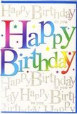 The birthday card shown is a vivid celebration on paper, the sort of design that would stand out on a gift table at a Longford family gathering. Across the front, the words Happy Birthday dominate in broad, rounded letters that look almost like they've been cut from satin ribbon dipped in paint. Each letter glows with a rich gradient of colour: starting with strong crimson shades at one end, sliding through berry pinks, royal purples and cool blues, then into turquoise, grassy green and golden yellow at the other. These colour shifts are smooth and well-blended, giving the text a flowing, almost three-dimensional look that suggests movement and joy. In contrast to this bold rainbow, the background is a tapestry of fine, looping gold script, continuously repeating the phrase Happy Birthday to you across the entire surface. The cursive lines run in neat rows, close together but not cluttered, creating a sophisticated pattern that sparkles subtly when the card catches the light-rather like the glint of lanterns at an evening birthday gathering just off the main road in Longford. The gold looks delicately metallic, hinting at a light texture, as though tiny particles of glitter are embedded within the ink. No extra images or illustrations distract from the message; instead, the design relies on the contrast between the lively rainbow text and the refined golden backdrop. The overall impression is one of upbeat celebration with a touch of elegance, a card you might choose to accompany a bright birthday bouquet delivered locally, making the recipient feel as though their special day has truly arrived.