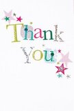 Infused with gentle cheer, this thank you card seems designed to lift the spirit and brighten a Longford day. The words 'Thank You' unfold in buoyant, playful typography-each letter a colorful mix of shimmering silver, sunny yellow, lush green, and joyful blue, echoing the wildflower meadows beyond the town. Polka dots and stitched flourishes add a handcrafted touch, reminiscent of careful artistry honed at local shops like Flowers Longford. Scattered across the pristine white canvas, stars in pink, teal, and soft silver dance lightly around the message, suggesting a quiet celebration much like those enjoyed on Longford's village greens. The card feels spacious and uncluttered, its balance of color and white space mirroring the calm open skies above the town. It exudes an air of heartfelt gratitude-a sincere, slightly whimsical gesture suitable for thanking a neighbour, a friend, or a thoughtful colleague. Imagine receiving this card alongside a bouquet fresh with Longford blossoms; the combination of texture, colour, and joyful design makes the message feel luminous and real, a perfect token of appreciation rooted in the warmth of the local community.