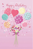 This birthday scene feels like a little party floating above Longford, captured in a single, lovingly detailed illustration. The background is a smooth wash of soft blush pink, against which a spray of pastel balloons rises as if just released from a birthday breakfast table. The balloons come in shades of gentle rose, minty sea green, lemon yellow, and lavender, each one uniquely decorated: some twist with candy-coloured stripes, others are sprinkled with playful polka dots, and a central heart-shaped balloon glows with quiet affection. Their surfaces look glossy and full, catching soft highlights that suggest natural daylight pouring in, similar to the light that filters into homes and cafés around Longford. At the base of the balloons, a hand-tied bouquet of flowers gathers together creamy ivory roses, blush-toned blooms, and anemone-like flowers in light mauve. The petals are depicted as airy and feathery, almost touchable, with subtle shading that hints at freshness and a faint, sweet fragrance. A violet satin bow holds the stems neatly, its loops plump and smooth, shining where the light kisses the fabric. Tiny butterflies and scattered star motifs dance around the arrangement, evoking the magic of birthday wishes shared with family and friends. The whole composition has the light, hopeful feeling of an early spring morning walk near Longford's green corners, when the air is cool but full of promise. It suggests a birthday greeting chosen with real thought, like a bouquet ordered from Flowers Longford to make someone's special day feel bright, whimsical, and unforgettable.