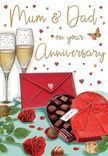 Heartfelt anniversary card design showing a beautifully composed romantic still life, reminiscent of a quiet celebration in a Longford home after dusk. At the centre, two tall champagne flutes stand close together, their crystal-clear glass brimming with pale golden bubbles that seem to rise and dance, ready to mark another cherished year. Resting beside them are two perfectly formed red roses, petals rich and velvety, opened just enough to show their depth, framed by glossy green leaves that hint at the freshness you'd expect from Flowers Longford arranging a special anniversary bouquet. To the right, a heart-shaped chocolate box in deep red sits invitingly open, its interior lined with rows of assorted truffles, each cradled in dark paper wrappers; a sumptuous red satin bow cascades over the lid, lending a theatrical, celebratory feel. A couple of chocolates are placed on the surface, as though already chosen and enjoyed. In the foreground, a vivid scarlet envelope lies poised, unspoken words sealed inside-a loving message to Mum & Dad, perhaps, echoing the devotion shown in the imagery. Around the main elements float dainty golden and crimson hearts and flowing script that weave across the warm-toned background, softening the whole scene. The lighting is gentle and ambient, casting subtle reflections on the glass and chocolates, creating an impression of warmth, cosiness, and long-lasting companionship, like an intimate anniversary evening in Longford framed by thoughtful gifts, favourite treats, and the quiet presence of flowers and family memories.